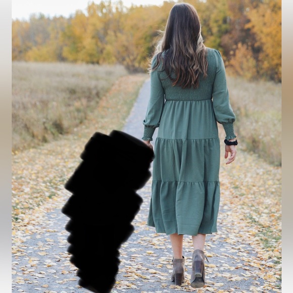 Olive green smocked fall dress - Picture 7 of 7